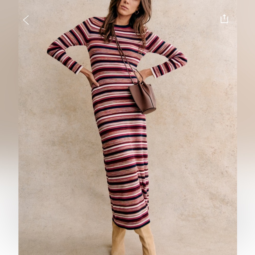 Sezane Striped Ribbed Maxi Dress in Pink, Burgundy, Cream and Navy
